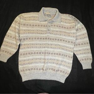 Vintage Sweater Mens Large Gray Tan 100% Alpaca Artesanias Inca 80s Peru